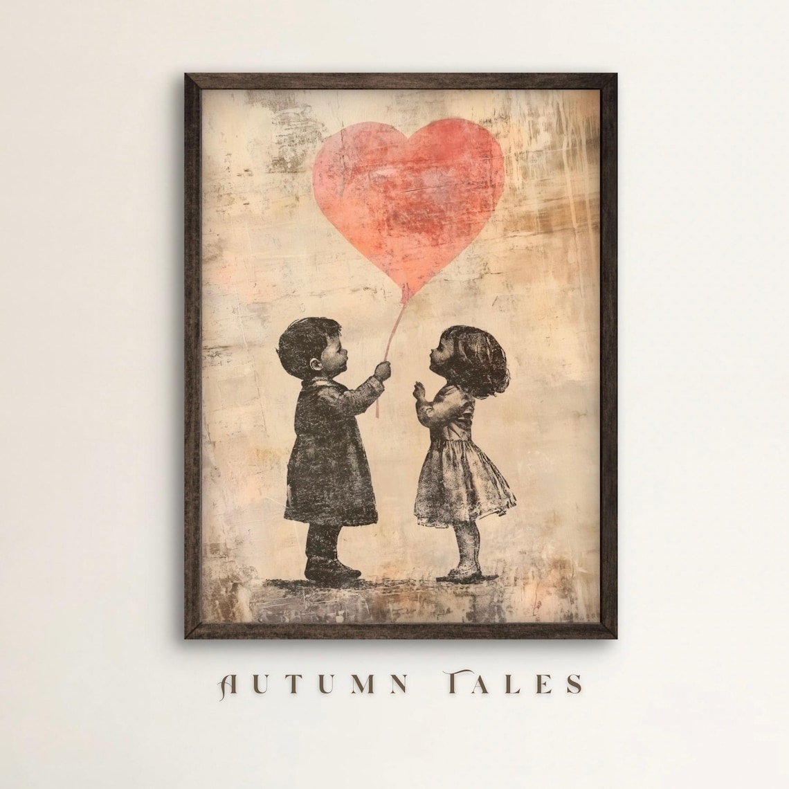 Two Children Giant Heart Balloon Rustic Valentines Day Poster