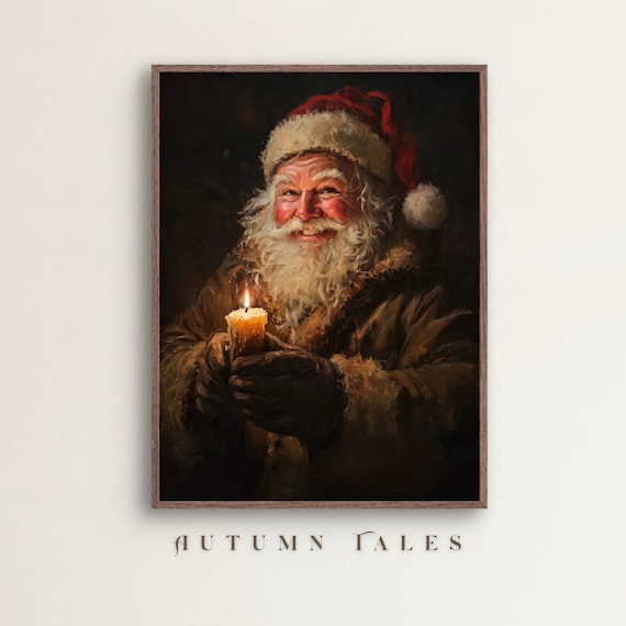 Vintage Moody Santa Wall Art Print Holding A Candle In A Cottage Dark Christmas Print In Warm Rich Earthy Colors Cozy Winter Decor