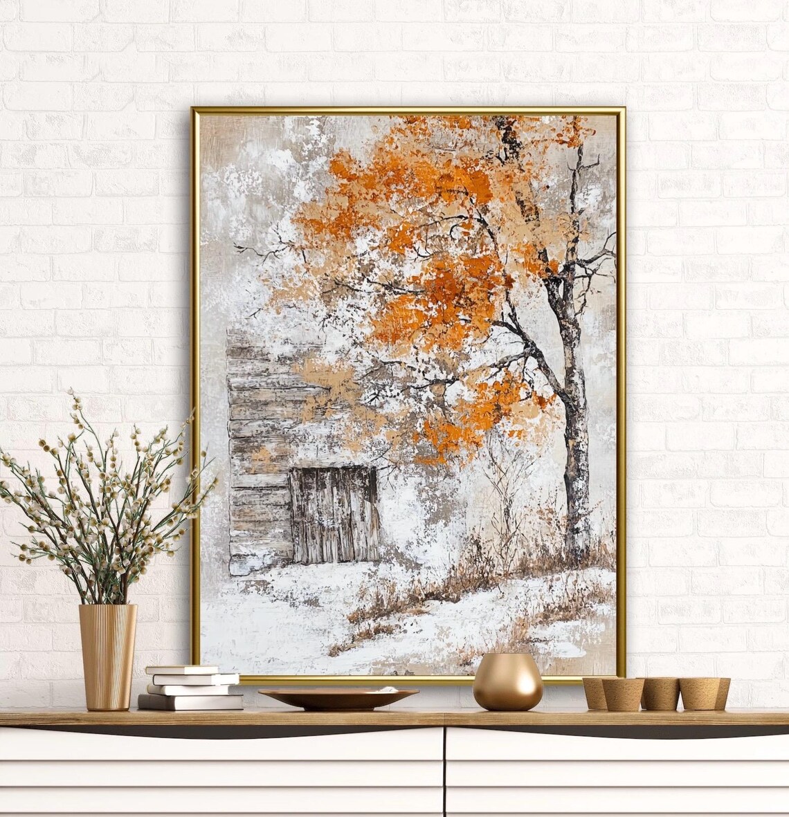 Autumn Tales Old Wooden Shed Birch Trees Snowy Vintage Farm Scene Poster - Image 4