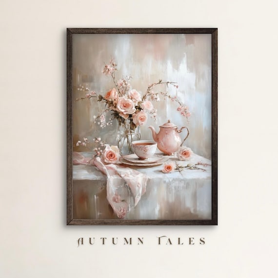 Pink Tea Time Still Life Teapot Teacup Roses Cottagecore Floral Poster