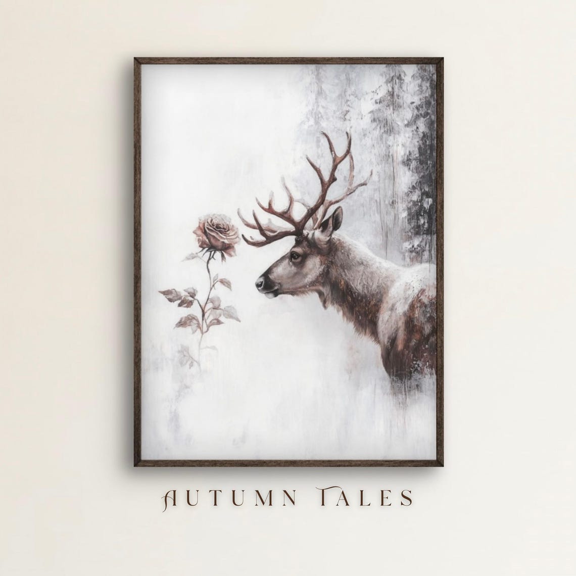 Winter Deer Rose Moody Snow Forest Rustic Christmas Poster Decor