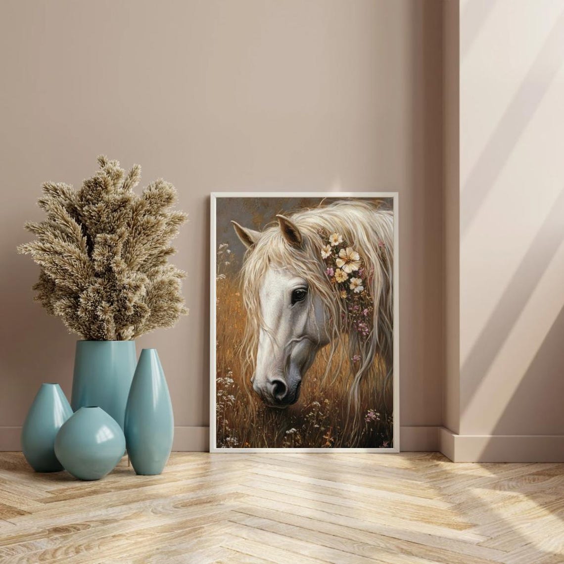 White Horse In Floral Spring Field Wall Art Print Horse With Wildflower In Her Hair Wildlife Farmhouse Art Decor - Image 4