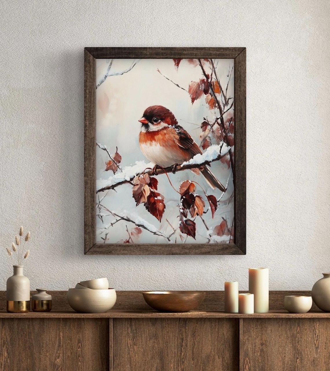 Red Headed Sparrow On Snowy Branch With Rust Leaves Vintage Bird Art Print - Image 5