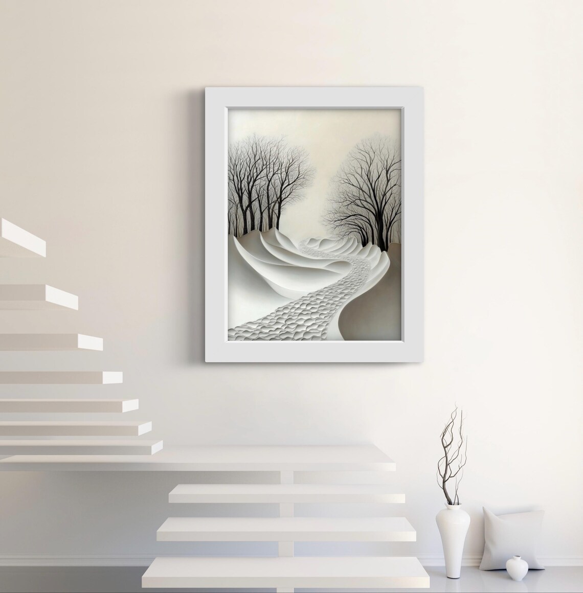 Minimalist Black and White Winter Path Through Bare Trees Snow Wall Art Poster - Image 3