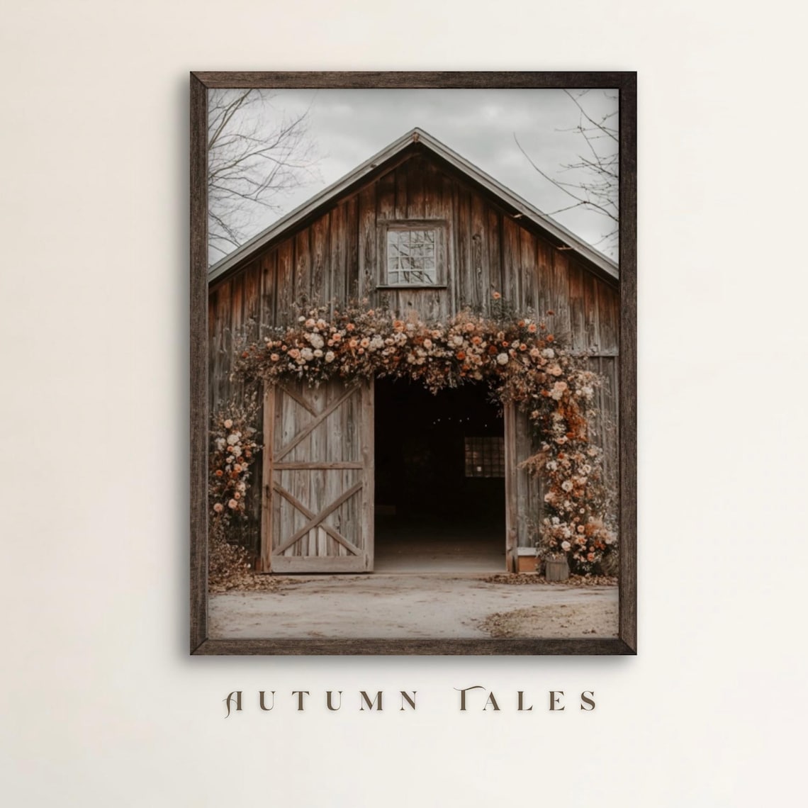 Rustic Wooden Barn with Floral Arch Over Doors Vintage Farmhouse Wall Art Poster