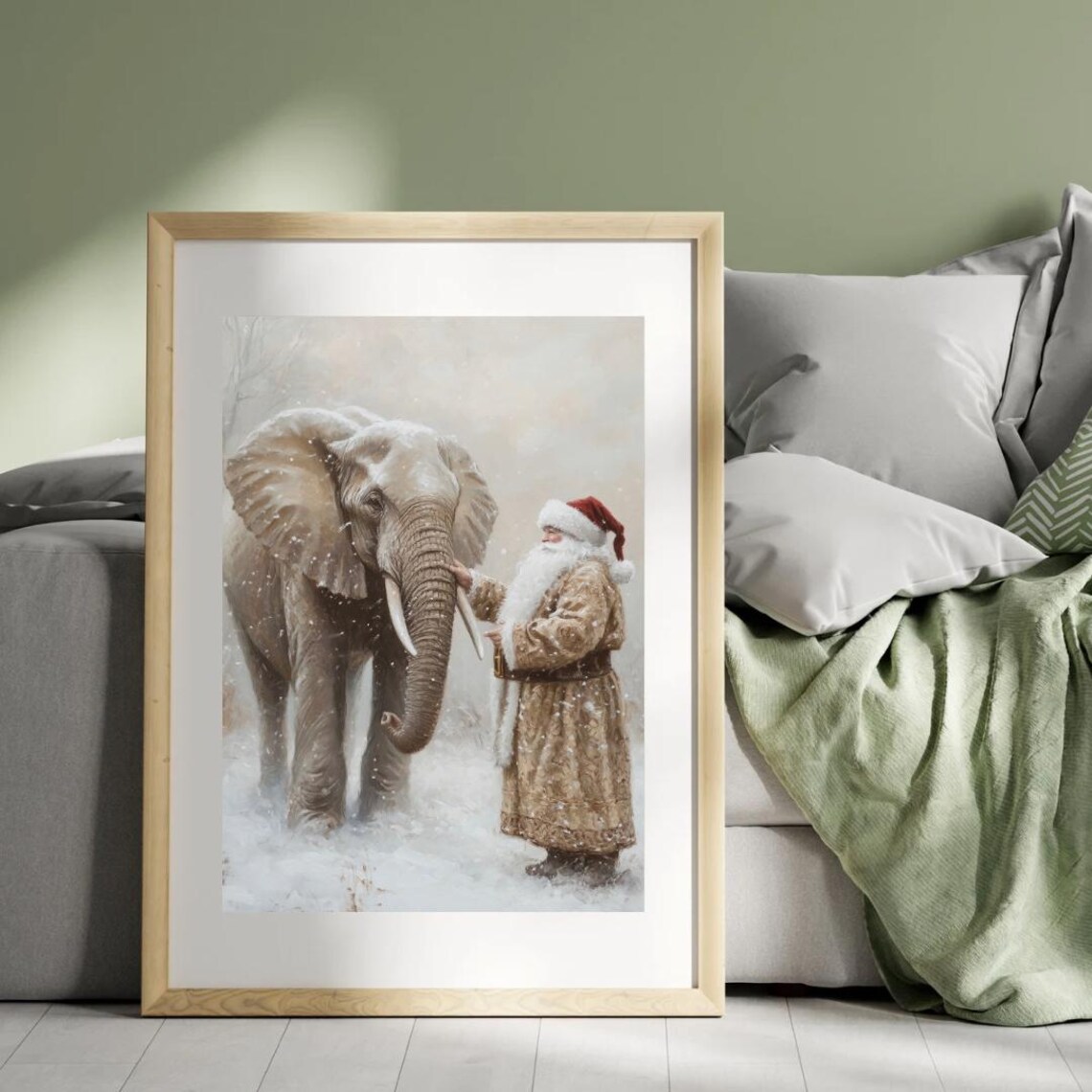 Santa and Elephant Reunion Christmas Art Print, Moody Winter - Image 3