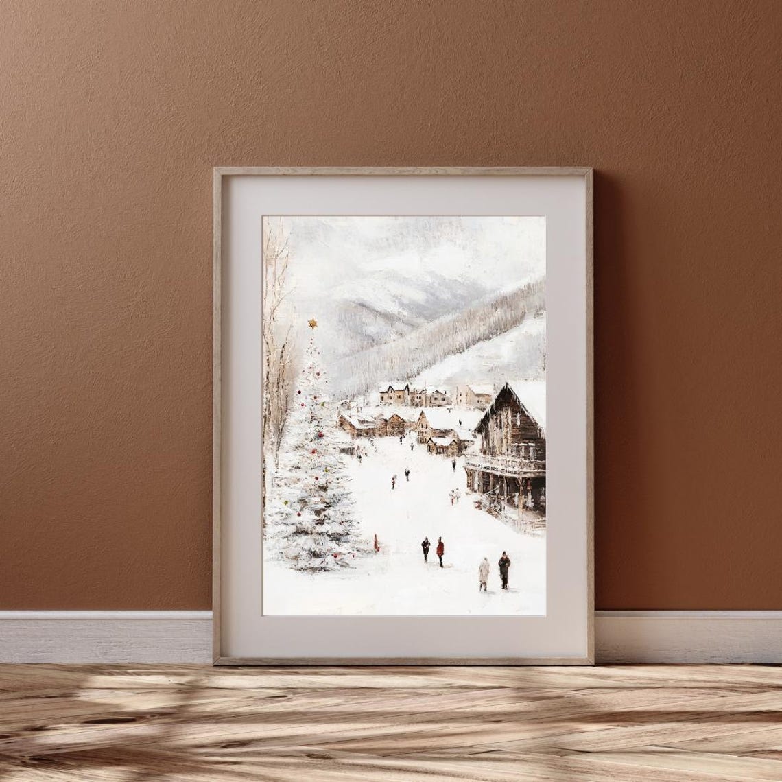 Vintage Chrsimas European Village Christmas Wall Art Snowy Winter Wonderland Ski Town Oil Painting Print Moody Christmas Farmhouse Decor - Image 6