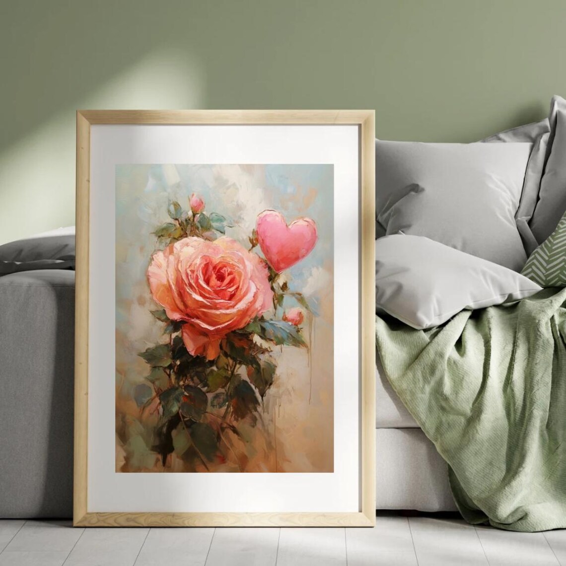 Pink Rose and Heart Valentines Day Oil Painting Floral Poster - Image 4