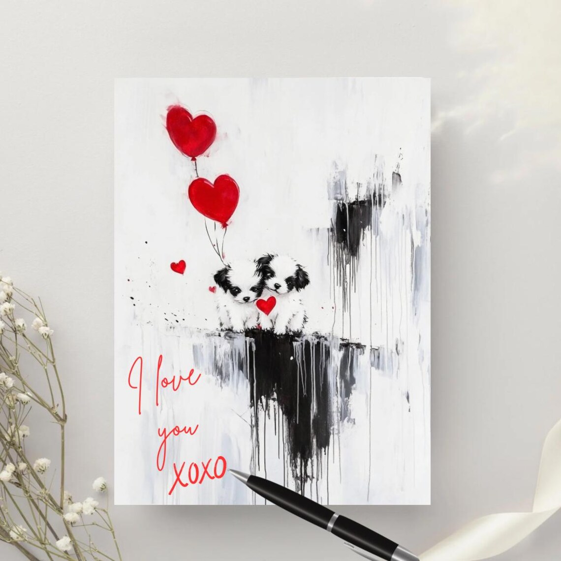 Cute Shih Tzu Puppies Red Heart Balloons Street Art Puppy Poster - Image 4