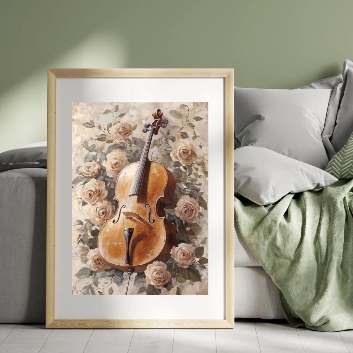 Vintage Cello Surrounded by Cream Roses Floral Musical Instrument Wall Art Print - Image 4