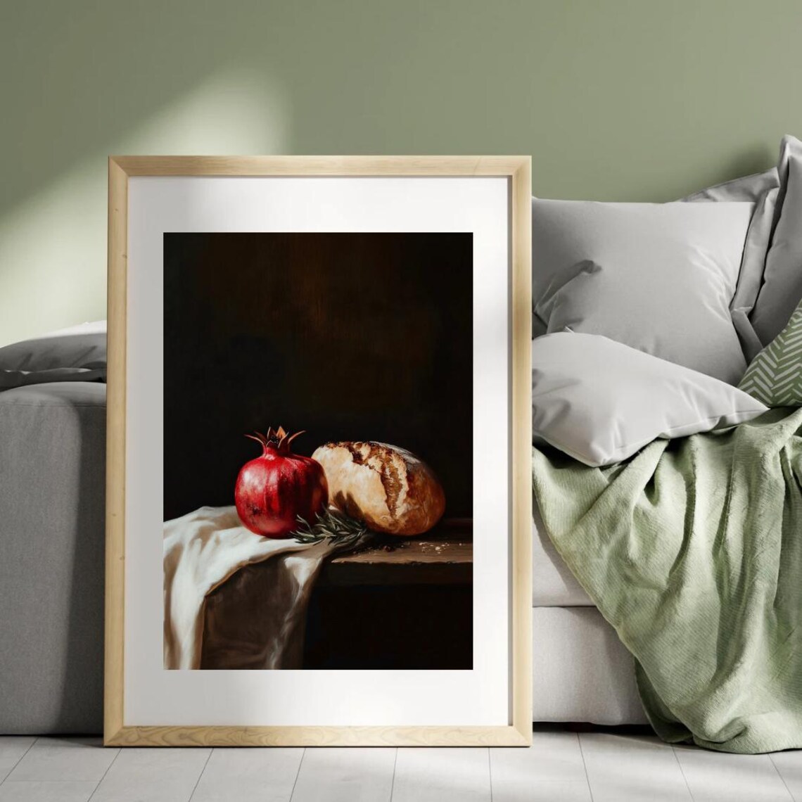 Moody Pomegranate And Sourfough Bread Loaf Wall Art Print Still Life Rustic Farmhouse Kitchen Dining Room Decor - Image 4
