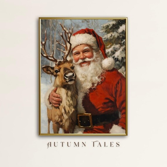 Christmas Santa and Baby Reindeer Art Print