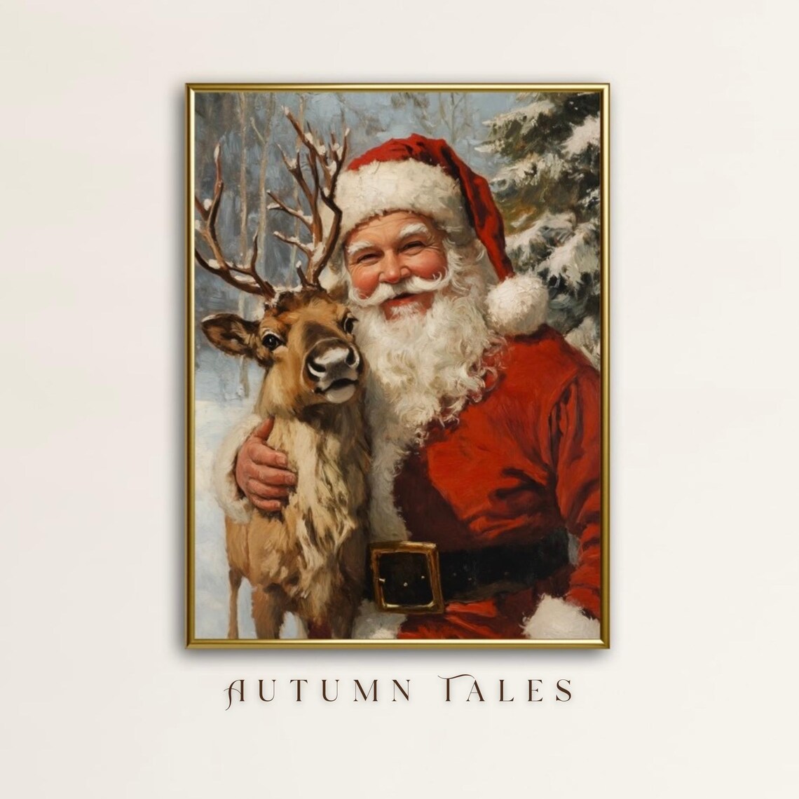 Christmas Santa and Baby Reindeer Art Print