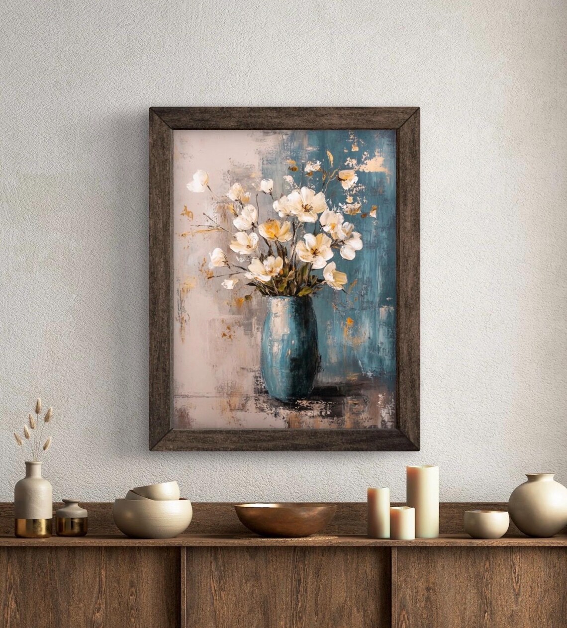 Blue Ceramic Vase with White Flowers Abstract Floral Still Life Wall Art Print - Image 5