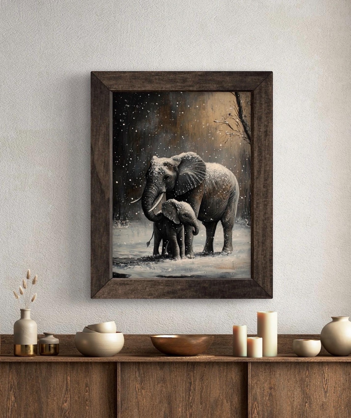 Mother Elephant and Baby Walking in Snow at Night Moody Wildlife Wall Art Poster - Image 5