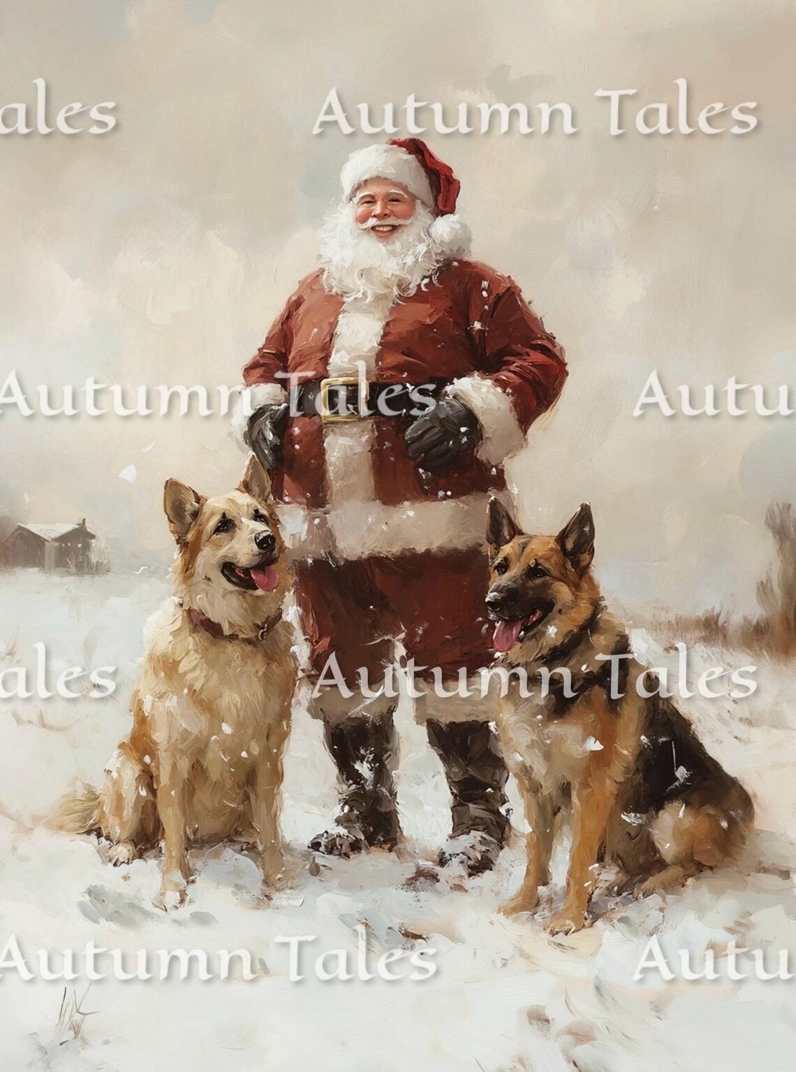 Vintage Santa Two German Shepherd Dogs Art Print - Image 2