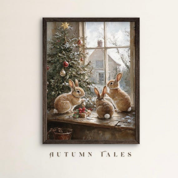 Christmas Tree And Cute Bunnies Wall Art Print Festive Cozy English Home In Winter Vinatge Kids Room Christmas Wall Decor