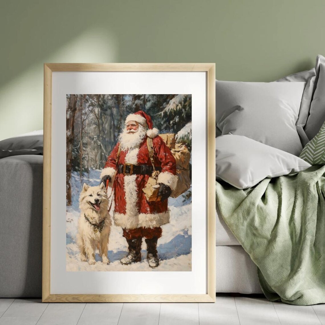 Santa Samoyed Dog in Winter Forest Art Print - Image 5