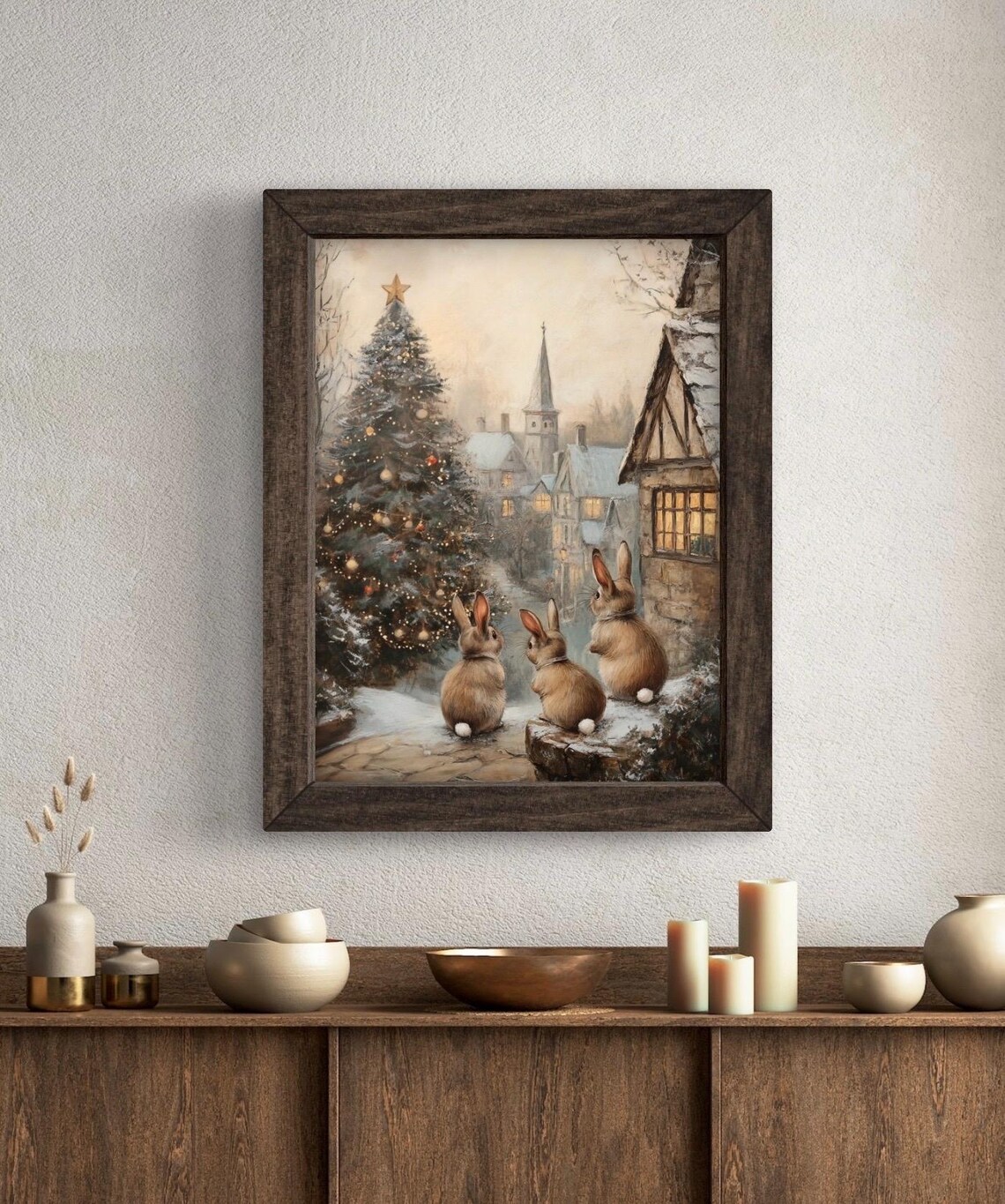 Winter Bunnies and Christmas Tree Vintage Art Print - Image 5