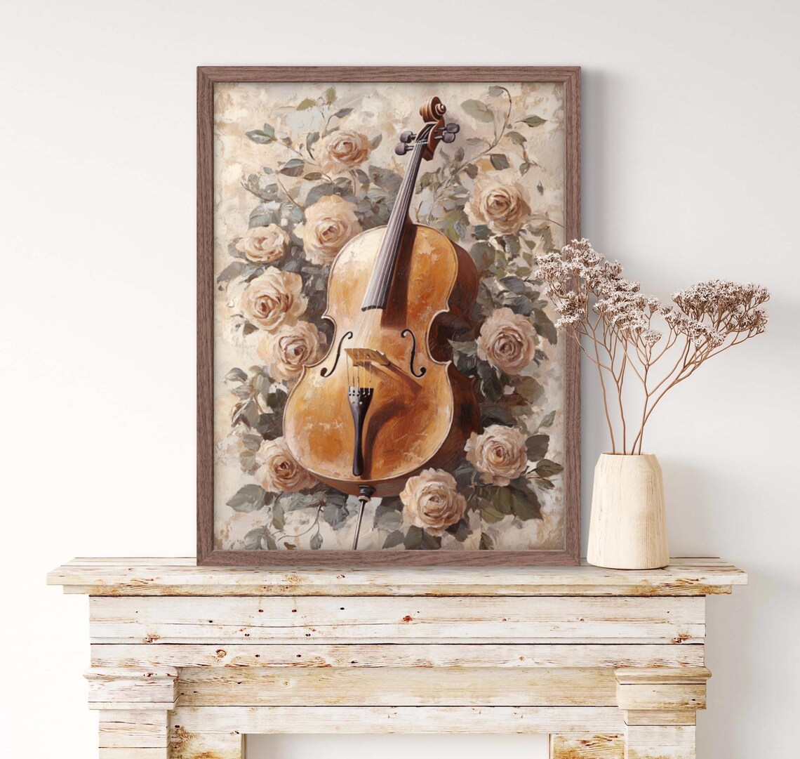 Vintage Cello Surrounded by Cream Roses Floral Musical Instrument Wall Art Print - Image 2