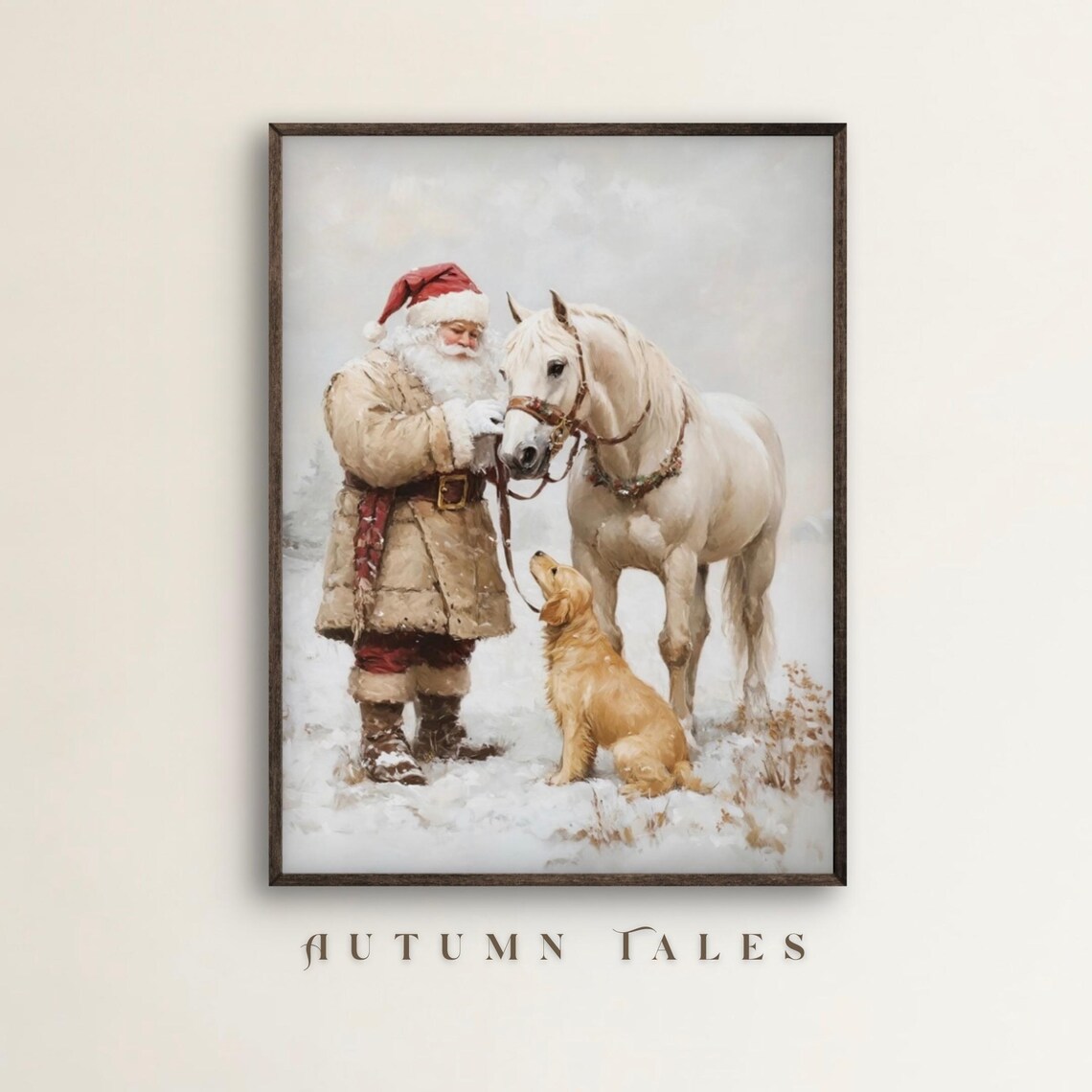 Vintage Santa With White Horse Art Print