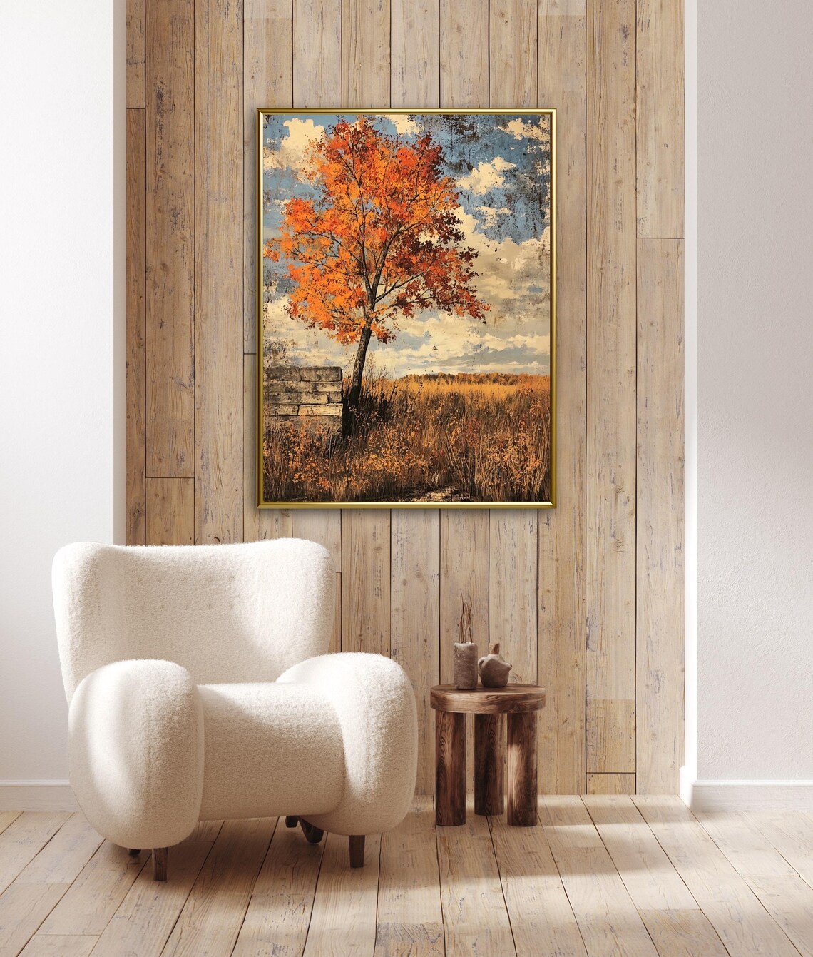 Autumn Tales Lone Maple Tree Fiery Leaves Golden Field Landscape Poster - Image 3