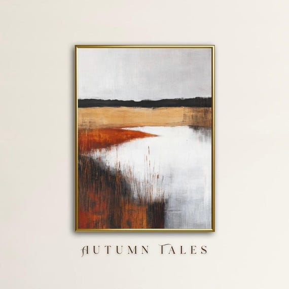Modern Fall Wall Art Print Autumn Wheatlandscape And Lake Abstract Warm Earthy Tone Modern Farmhouse Decor Cozy Moody Fall Art
