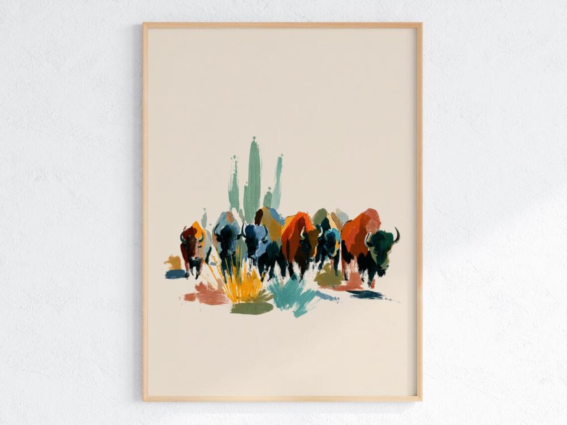 Abstract Bison Herd Poster Modern Western Wall Art Desert Cactus Buffalo Print Rustic Ranch Home Decor Cowboy Southwestern