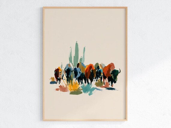 Abstract Bison Herd Poster Modern Western Wall Art Desert Cactus Buffalo Print Rustic Ranch Home Decor Cowboy Southwestern