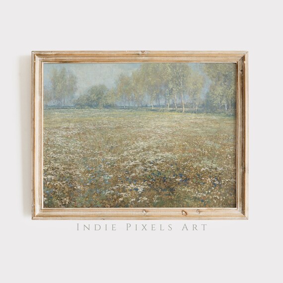 Wildflower Meadow Misty Trees Vintage Landscape Neutral Wall Poster
