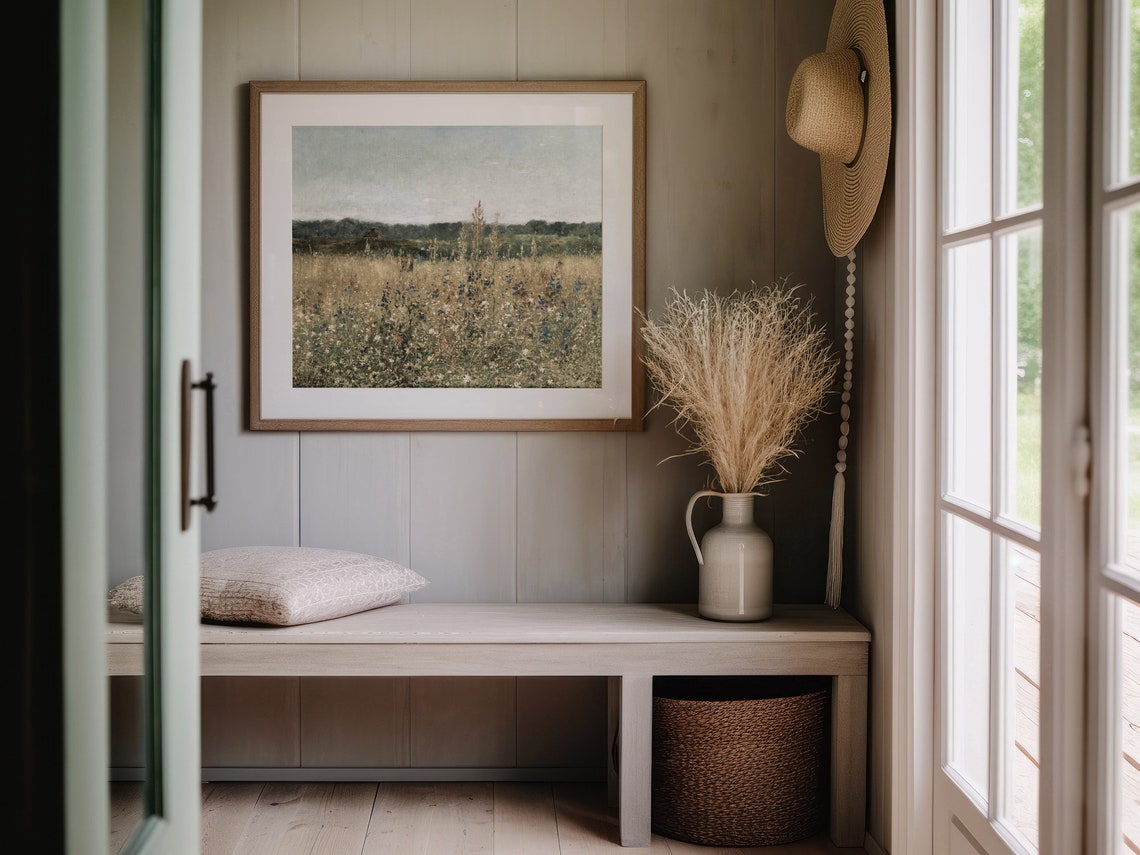 Wildflower Meadow Landscape Antique Countryside Painting Wall Art - Image 3