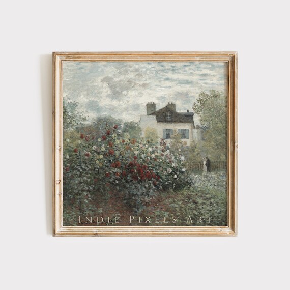 Vintage Rose Garden Cottage Impressionist Floral Landscape Print