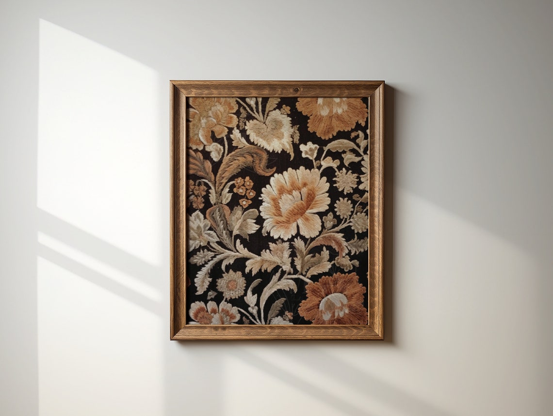 Dark Floral Tapestry Rust Amber Botanical Pattern on Black Wall Art - Image 4