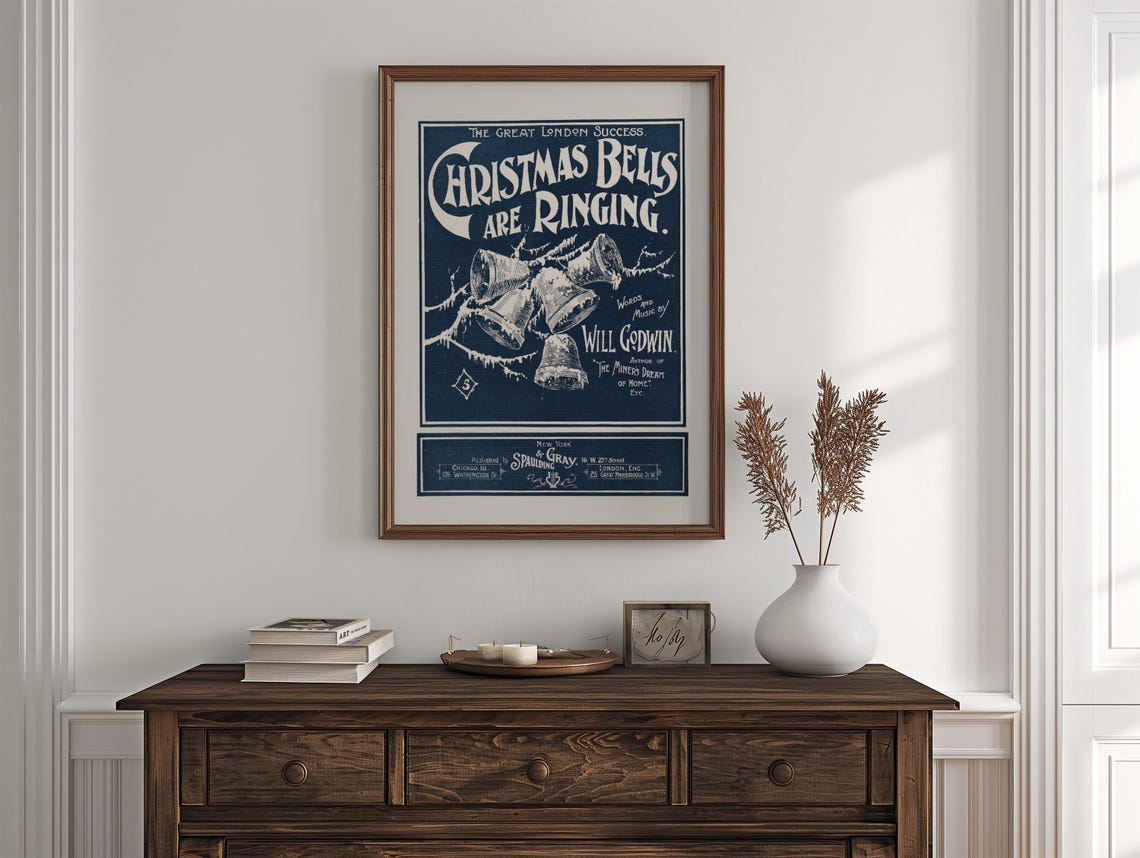 Vintage Christmas Bells Are Ringing Sheet Music Cover Blue Retro Print - Image 4