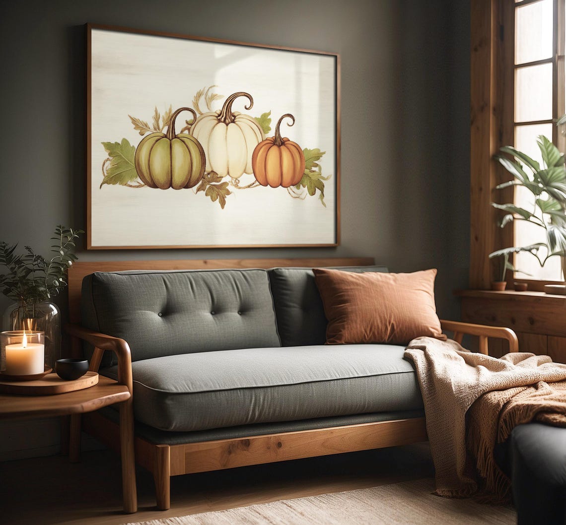 Three Pumpkins Fall Still Life Green White Orange Farmhouse Poster - Image 3