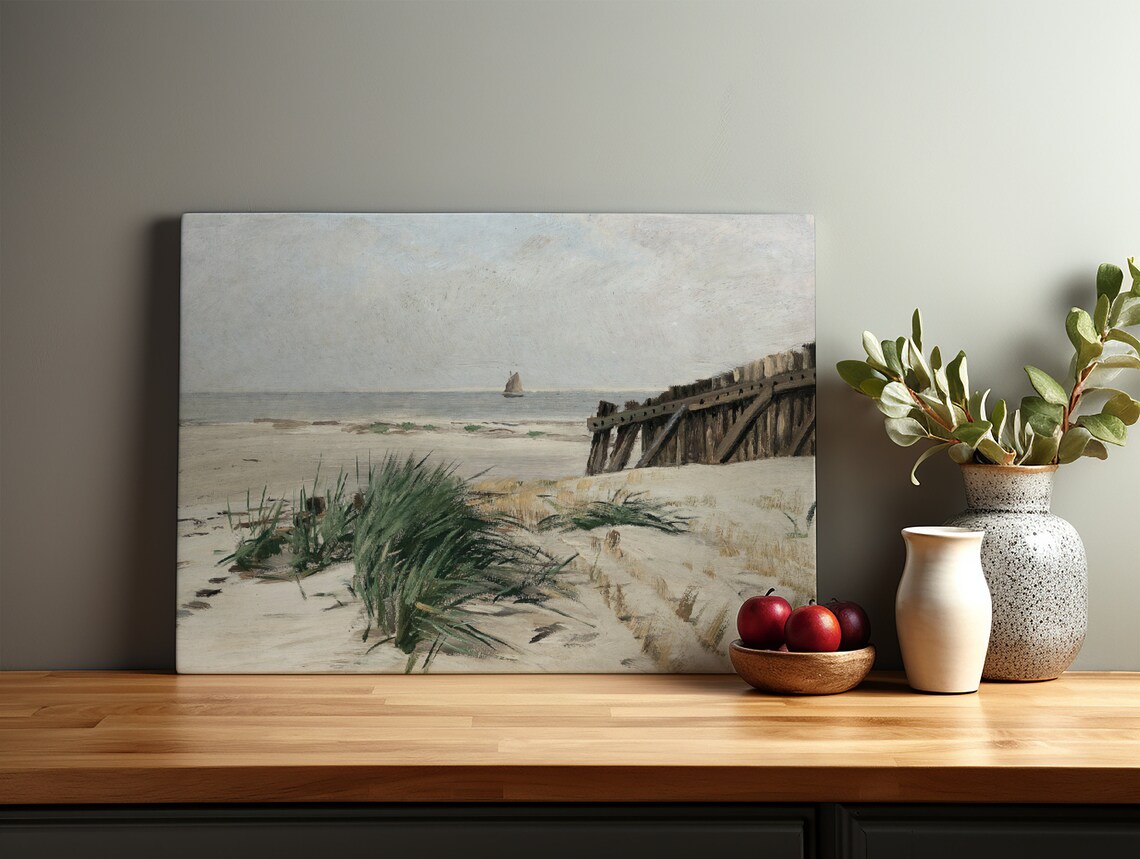 Vintage Coastal Beach Dunes Sailboat Serene Seascape Oil Poster - Image 3