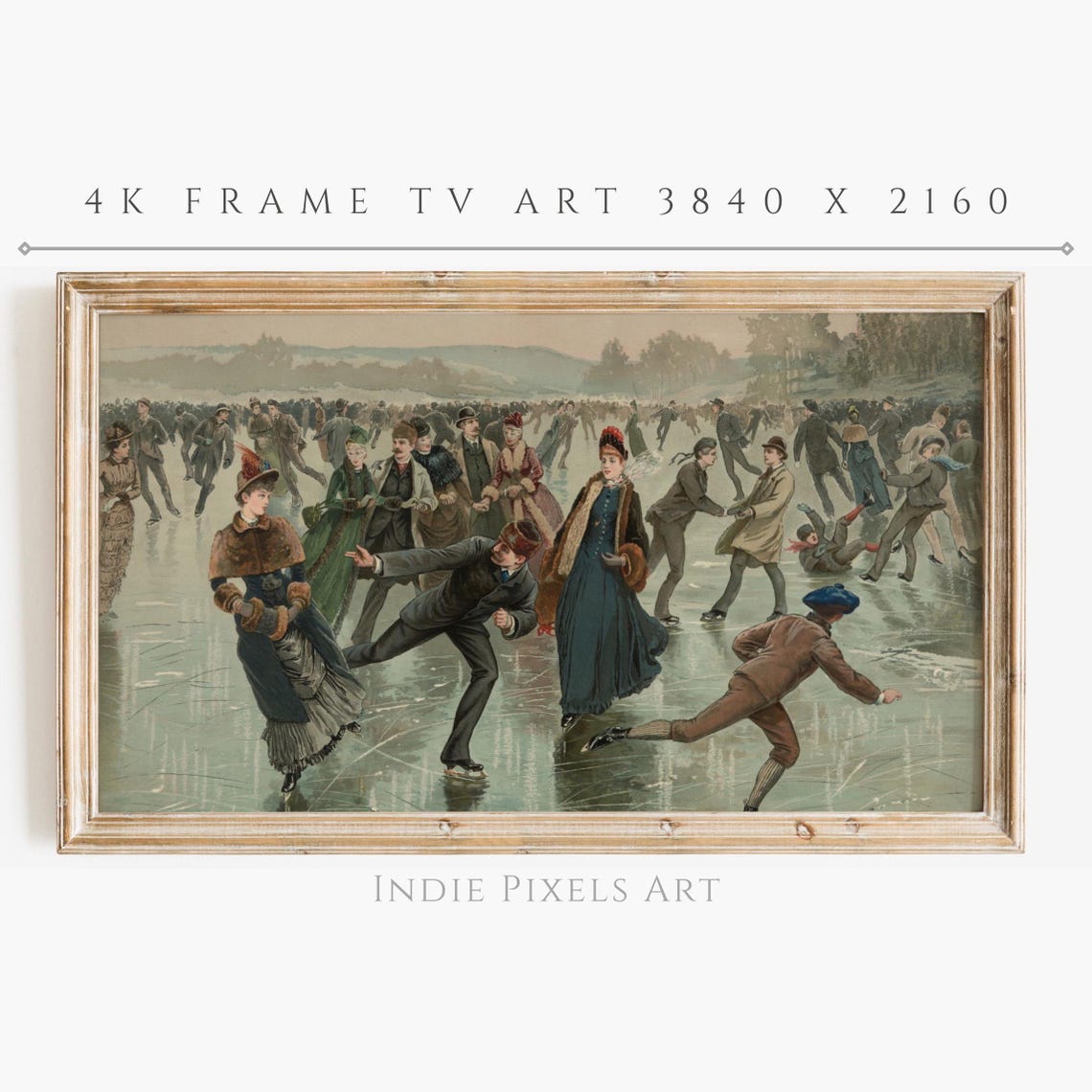 Vintage Victorian Ice Skaters Frozen Pond Crowd Frame TV Art Print - Image 3
