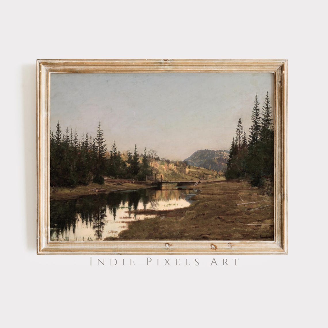 Forest Lake Dusk Pine Trees Mountain Vintage Landscape Art Poster