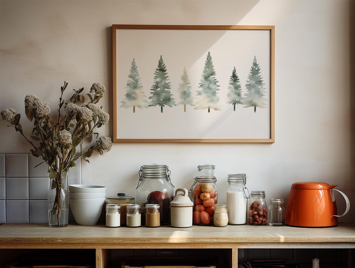 Soft Watercolor Pine Tree Row Neutral Christmas Winter Wall Art - Image 2