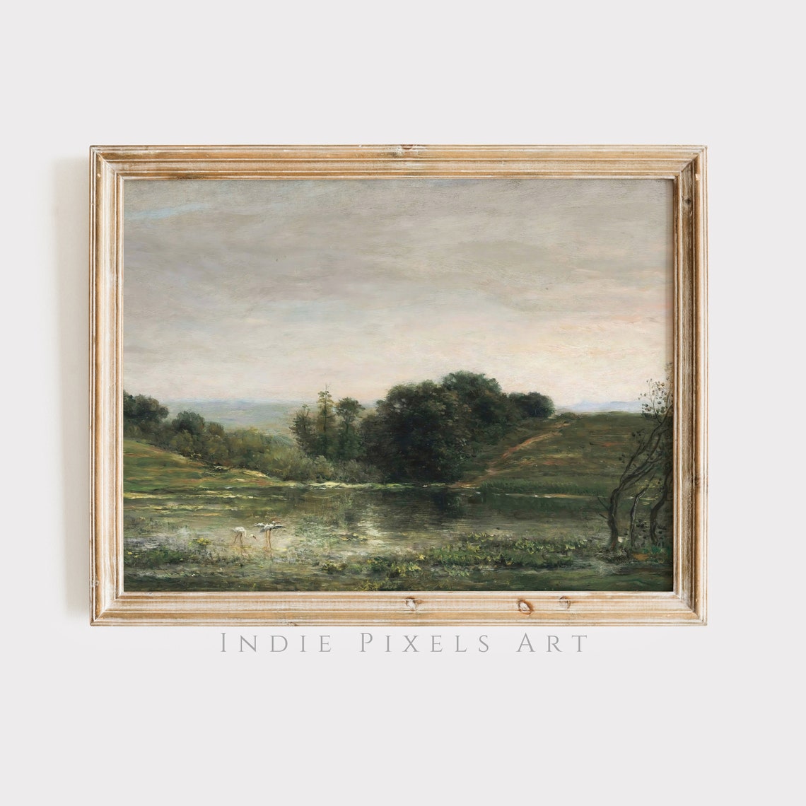 Serene Pond with Herons Vintage Landscape Painting at Dusk Wall Art