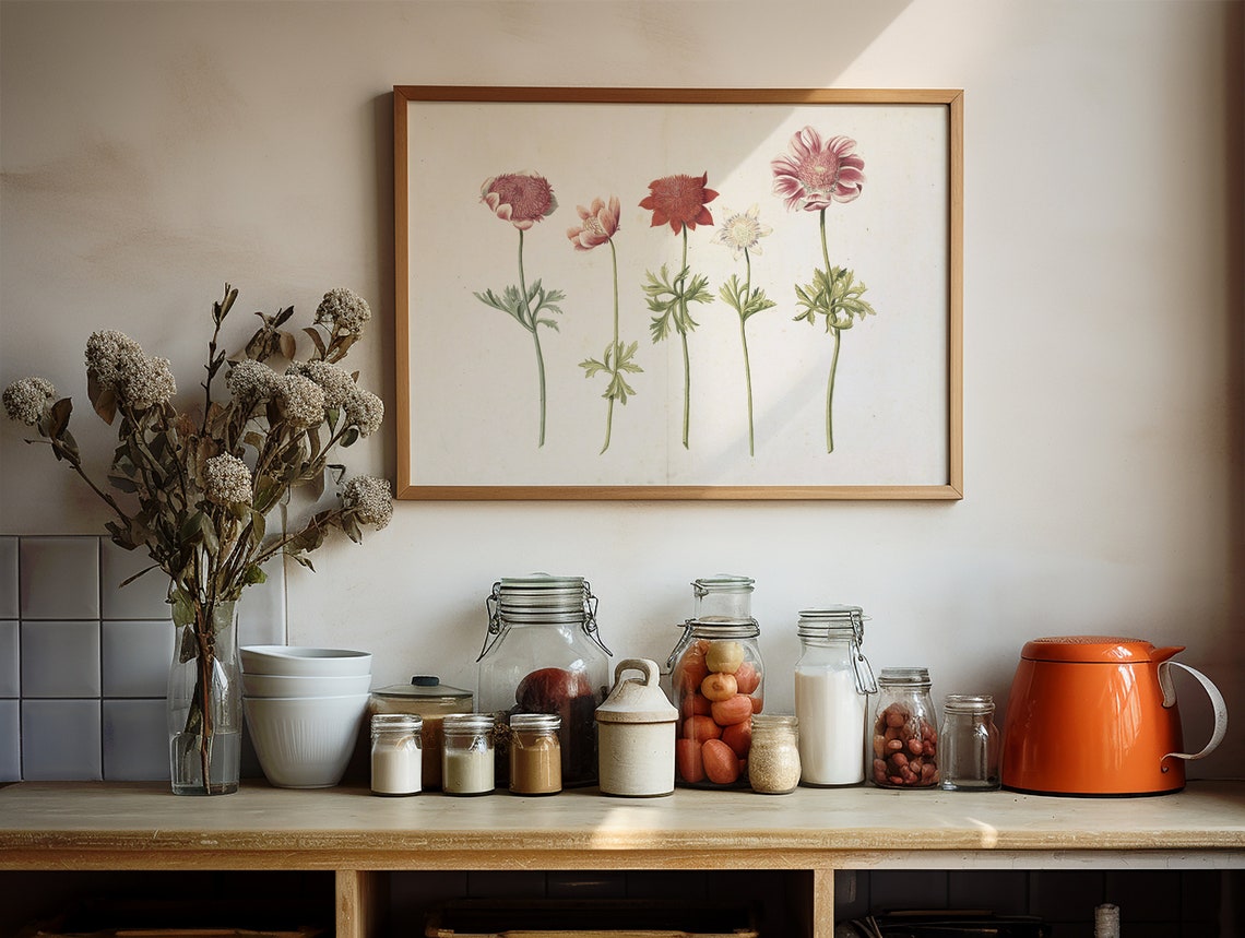 Vintage Pink and Red Anemone Flowers Botanical Still Life Wall Art - Image 3