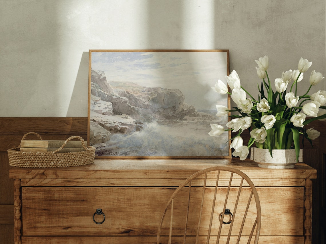 Rocky Coastal Cliffs Watercolor Waves Neutral Beach Wall Poster - Image 4