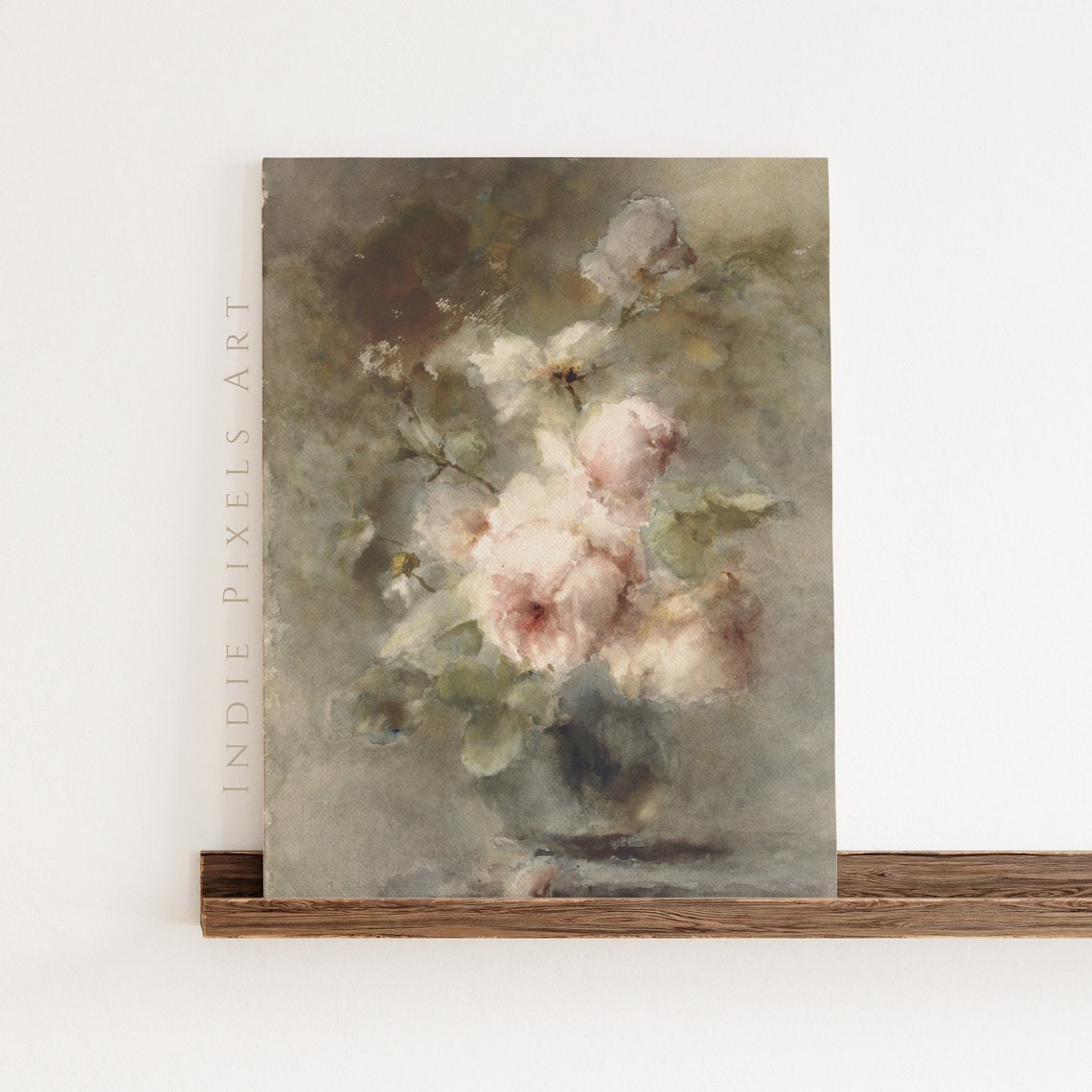 Blush White Roses Watercolor Muted Floral Bouquet Wall Art Print