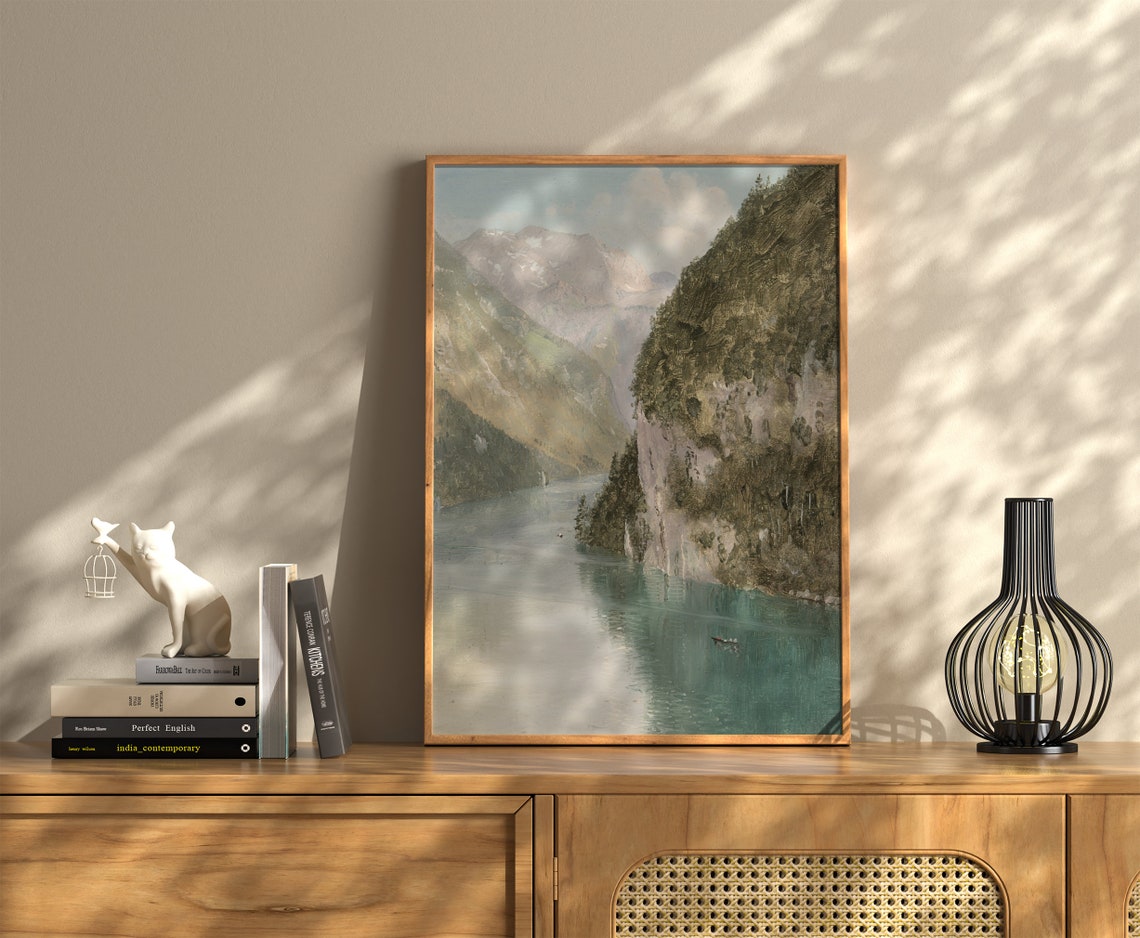 Alpine Mountain Lake Between Steep Cliffs Vintage Landscape Print - Image 4