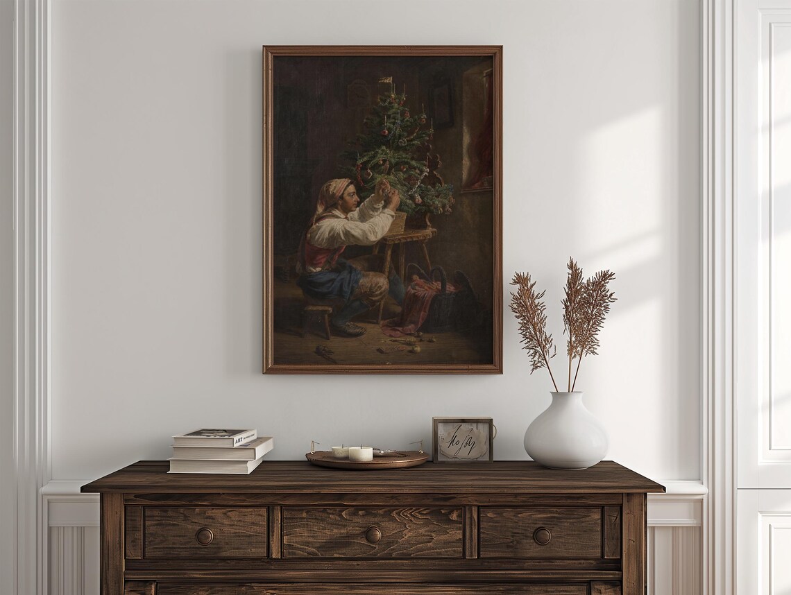 Vintage Woman Decorating Christmas Tree Antique Oil Painting Poster - Image 3