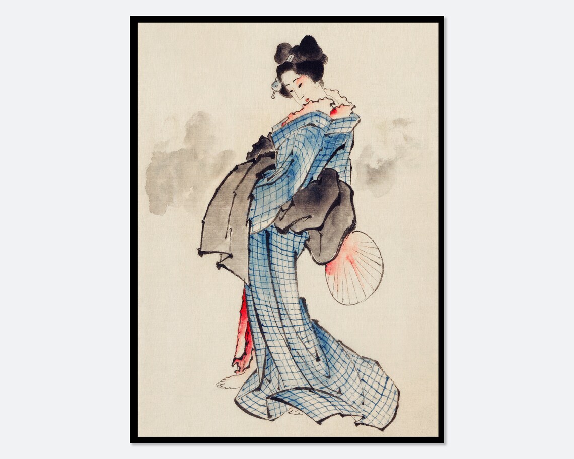 Katsushika Hokusai Woman in Blue Kimono Vintage Japanese Poster