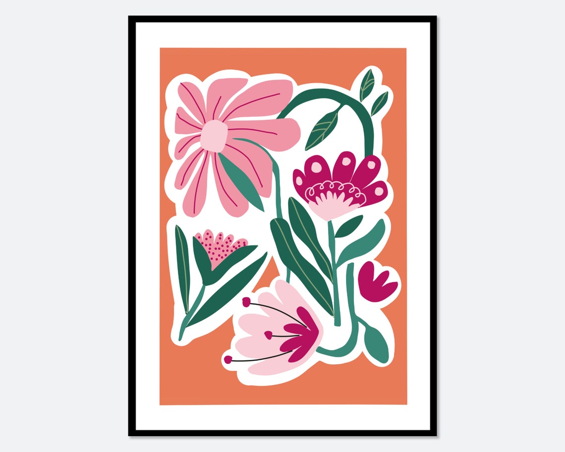 Pink Abstract Floral Blooms on Coral Orange Background Poster