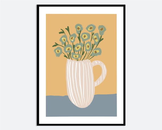 Striped Vase With Yellow Flowers Wall Art Print Hand Drawn Spring Summer Illustration Contemporary Modern Floral Poster Ma82