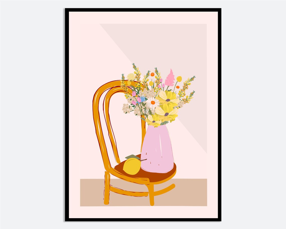 Pink Wildflower Vase on Orange Chair Modern Still Life Poster