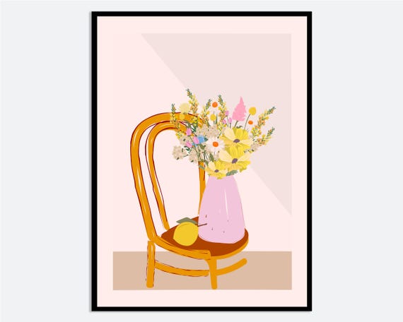 Flower Vase On Chair Wall Art Print Hand Drawn Contemporary Still Life Illustration Modern Floral Lemon Poster Decor Ma202